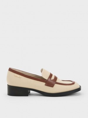 Charles & Keith Kanvas Cut-Out Penny Loafers Bej Rengi | PMHV-48971