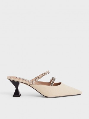Charles & Keith Kanvas Double Gem Askılı Mules Bej Rengi | DCOG-65198