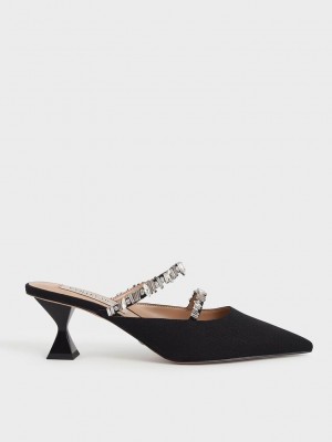 Charles & Keith Kanvas Double Gem Askılı Mules Siyah | UMAY-57423