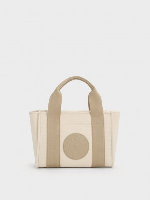 Charles & Keith Kay Kanvas Contrast-Trim Tote Bag Gri Kahverengi | HDEU-96457