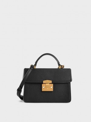 Charles & Keith Klasik Push-Lock Top Handle Bag Siyah | IYDP-65970