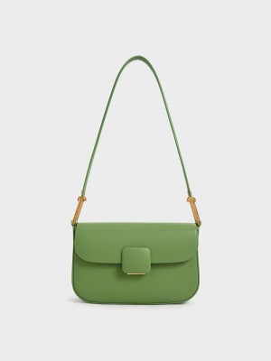 Charles & Keith Koa Square Push-Lock Shoulder Bag Yeşil | PBOM-54620