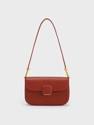 Charles & Keith Koa Square Push-Lock Shoulder Bag Koyu Kırmızı | LSFM-93456