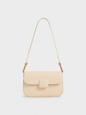 Charles & Keith Koa Square Push-Lock Shoulder Bag Bej Rengi | XBAS-51437