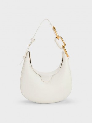 Charles & Keith Kora Metallic-Accent Moon Bag Beyaz | IRZL-98514