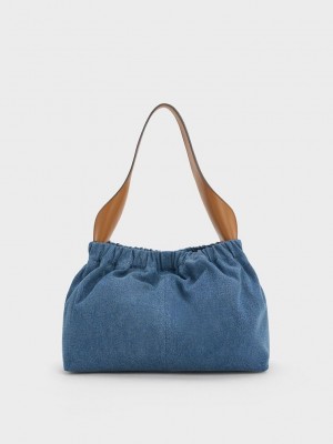 Charles & Keith Large Ally Denim Ruched Slouchy Bag Mavi | HPBQ-84075