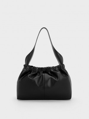 Charles & Keith Large Ally Ruched Slouchy Bag Siyah | QIEL-78345