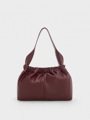 Charles & Keith Large Ally Ruched Slouchy Bag Bordo | HIDG-01798