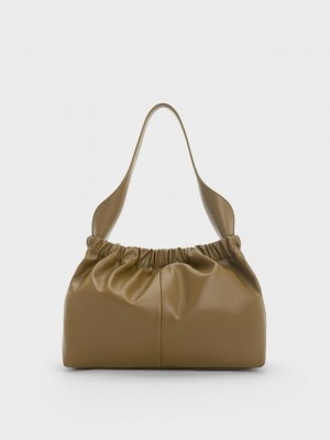 Charles & Keith Large Ally Ruched Slouchy Bag Haki | BVHK-83129