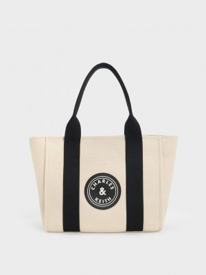 Charles & Keith Large Kay Kanvas Contrast-Trim Tote Bag Renkli | OEFM-48263