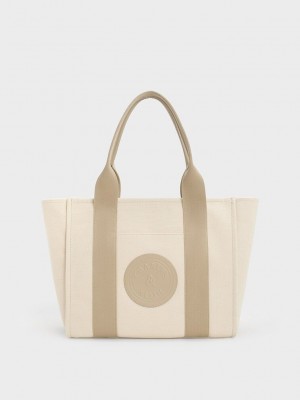 Charles & Keith Large Kay Kanvas Contrast-Trim Tote Bag Gri Kahverengi | CKBL-47520