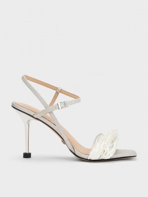 Charles & Keith Leda Beaded Asymmetric Glittered Sandals Gümüş | CFEQ-34209