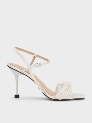 Charles & Keith Leda Beaded Asymmetric Satin Sandals Beyaz | WUGP-28640