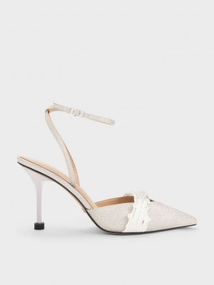 Charles & Keith Leda Beaded Glittered Ankle-Askılı Pumps Gümüş | IXKJ-46859