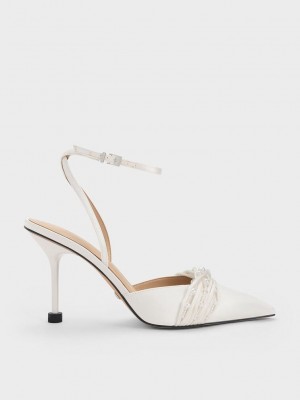 Charles & Keith Leda Beaded Satin Ankle-Askılı Pumps Beyaz | JZMS-41305