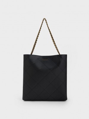 Charles & Keith Leia Braided Handle Tote Bag Siyah | YNWB-60354