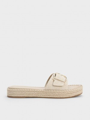 Charles & Keith Linen Buckled Espadril Düz Sandals Bej Rengi | EOHL-76409