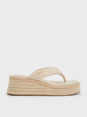 Charles & Keith Linen Espadril Tanga Sandals Bej Rengi | VNKD-63258