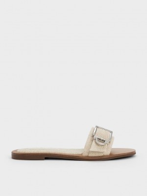 Charles & Keith Linen Metallic Tokalı Slides Bej Rengi | LCOF-18627