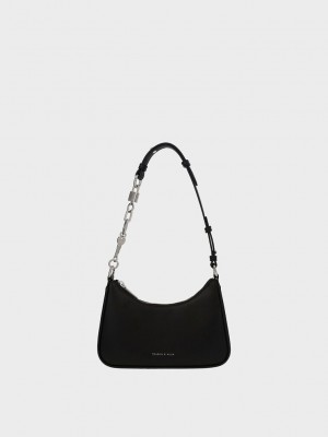 Charles & Keith Lock & Key Chain Handle Trapeze Bag Siyah | KVMQ-53107