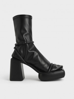 Charles & Keith Lucile Platform Calf Boots Siyah | JQEO-94380