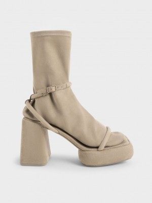 Charles & Keith Lucile Textured Platform Calf Boots Bej Rengi | PMYL-29384