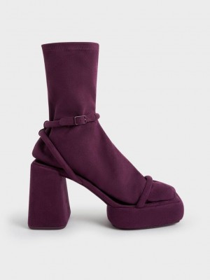 Charles & Keith Lucile Textured Platform Calf Boots Bordo | UKZF-74158