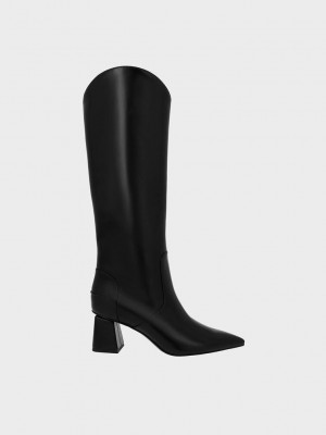 Charles & Keith Lucinda Trapeze-Heel Knee-High Boots Siyah | HNLS-56182