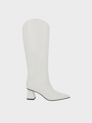 Charles & Keith Lucinda Trapeze-Heel Knee-High Boots Beyaz | DOGC-69840