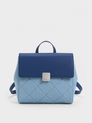 Charles & Keith Lucy Denim Kapitone Backpack Mavi | SKNQ-62407