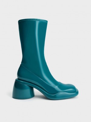 Charles & Keith Lula Rugan Tıknaz Heel Calf Boots Turkuaz | QIWS-49138
