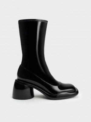 Charles & Keith Lula Rugan Tıknaz Heel Calf Boots Siyah | KTQG-75429