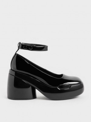 Charles & Keith Lula Rugan Tıknaz Heel Pumps Siyah | MYNK-25413