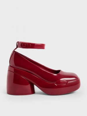 Charles & Keith Lula Rugan Tıknaz Heel Pumps Kırmızı | DWVU-96752