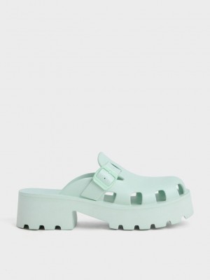 Charles & Keith Mae Buckled Platform Mules Nane Yeşil | SYOG-82064