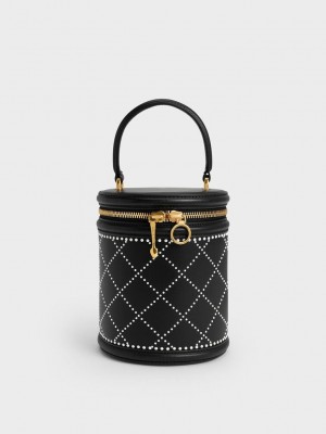 Charles & Keith Marietta Bead-Embellished Bucket Bag Siyah | OXYL-47289