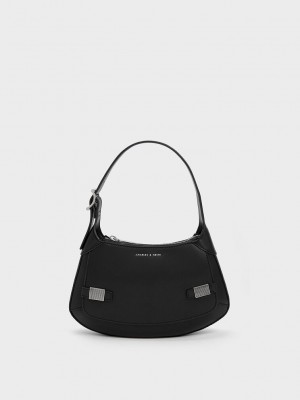 Charles & Keith Metallic-Accent Curved Shoulder Bag Siyah | HVXS-65021