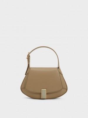 Charles & Keith Metallic-Accent Curved Top Handle Bag Gri Kahverengi | YGQD-15492