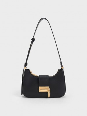 Charles & Keith Metallic Accent Belted Bag Siyah | SAJM-16725