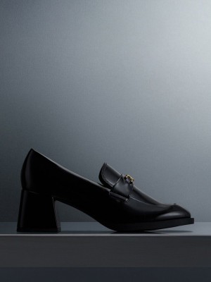 Charles & Keith Metallic Accent Block Heel Loafer Pumps Siyah | JXAQ-67084