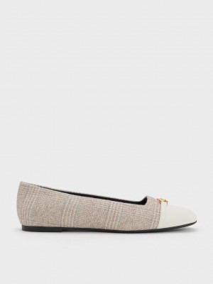Charles & Keith Metallic Accent Checkered Ballerinas Gri | NMAW-70843