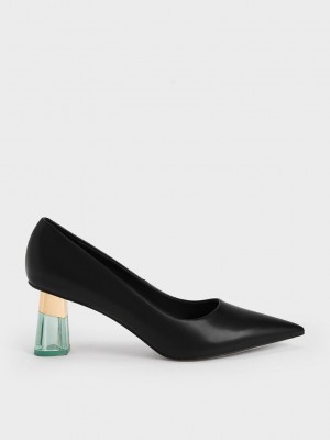Charles & Keith Metallic Accent Clear Heel Pumps Siyah | BUJT-92735