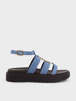 Charles & Keith Metallic Accent Denim Flatform Gladiator Sandals Mavi | JCWA-97205
