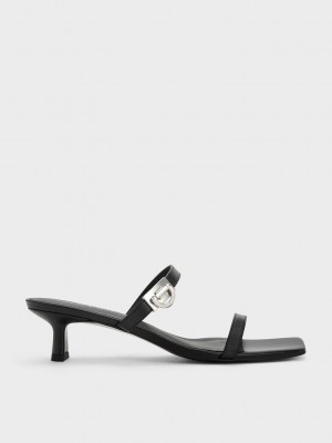 Charles & Keith Metallic Accent Double Askılı Mules Siyah | FCOZ-78092