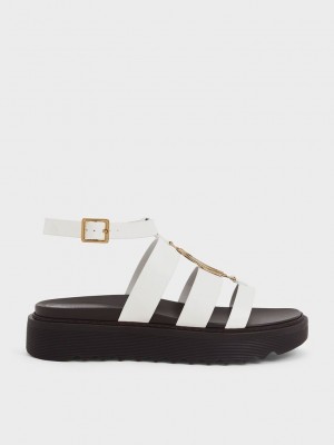Charles & Keith Metallic Accent Flatform Gladiator Sandals Beyaz | WICH-74986
