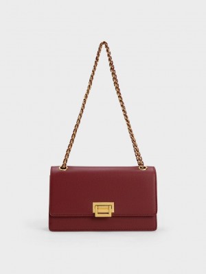 Charles & Keith Metallic Accent Front Flap Bag Bordo | JXUO-79081