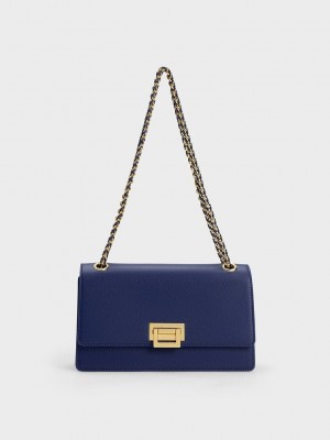 Charles & Keith Metallic Accent Front Flap Bag Lacivert | JCFK-23054