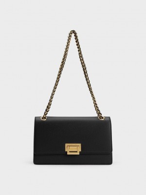 Charles & Keith Metallic Accent Front Flap Bag Siyah | ZBFD-26517