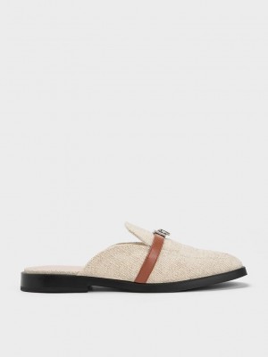 Charles & Keith Metallic Accent Linen Loafer Mules Bej Rengi | RJNA-50296