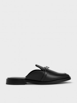 Charles & Keith Metallic Accent Loafer Mules Siyah | YELA-53672